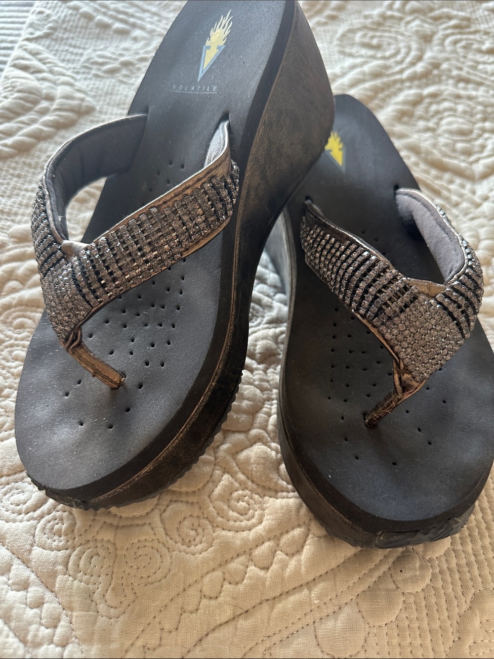 Volatile Silver Rhinestone Wedge Flip Sandals